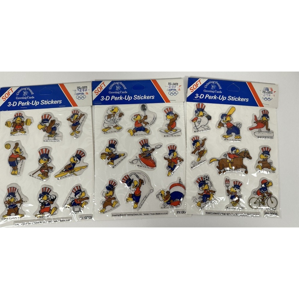 1984 LA Olympics Perk-Ups 3-D Puffy Sticker Lot of 3 VTG NEW! Sam The Eagle